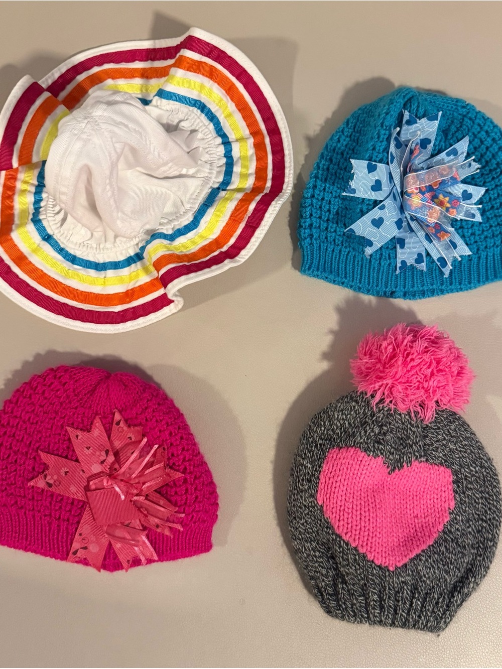 Kids Rainbow Sun Hat and Knit Beanie Set - White, Blue, Pink, Hot Pink, Gray